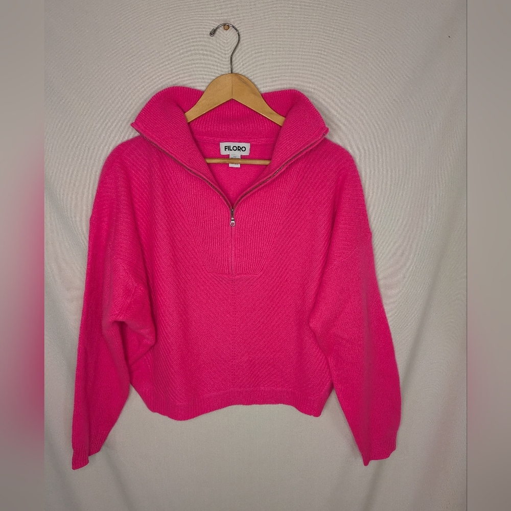 Filoro 100% Cashmere 2 Ply Hot Pink Long Sleeve Partial Zip‎ Ribbed Shirt Sz S